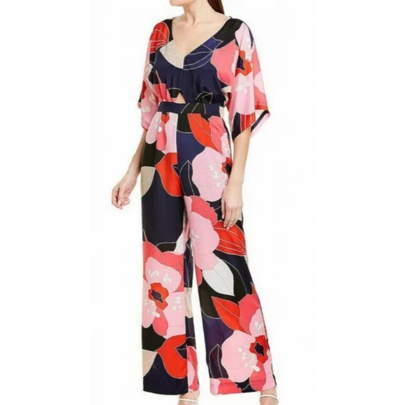 Trina Turk Pants - Trina Turk Women's Blue/Pink Flounce-Hem Floral V-Neck Jumpsuit